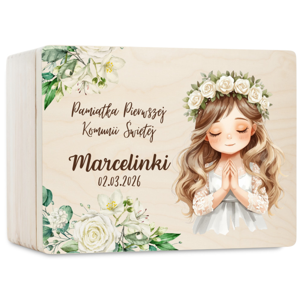 Personalizowane pudełko wspomnień na Pierwszą Komunię Świętą 30x20x13,5 cm nadruk UV