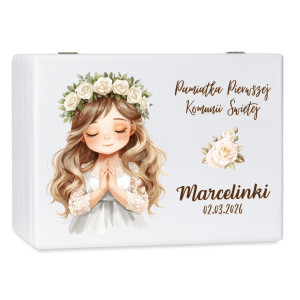 Personalizowane białe pudełko wspomnień na Pierwszą Komunię Świętą nadruk UV
