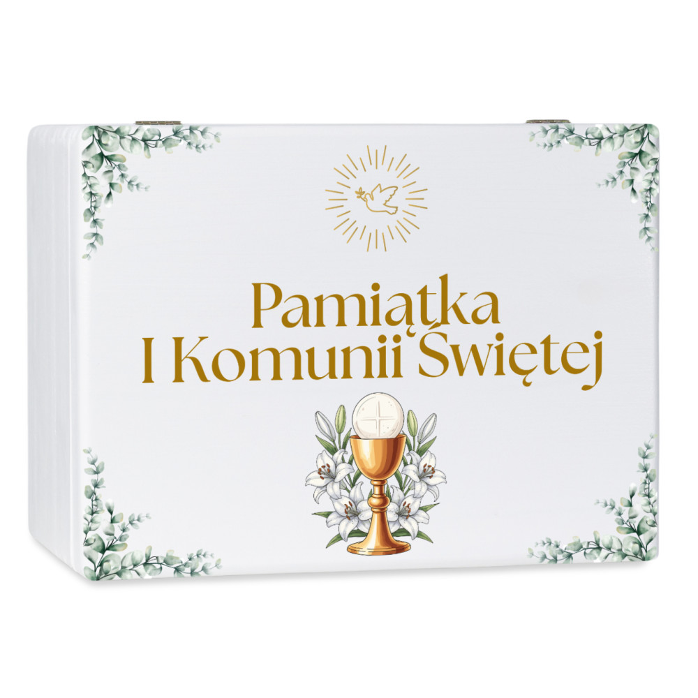 Personalizowane białe pudełko wspomnień na Pierwszą Komunię Świętą nadruk UV