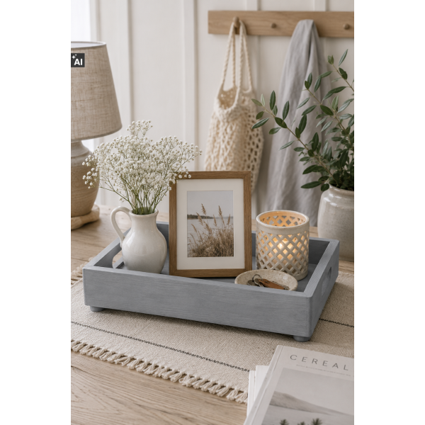 Drewniana taca dekoracyjna 30x20x7 cm szara – elegancka taca do dekoracji i serwowania