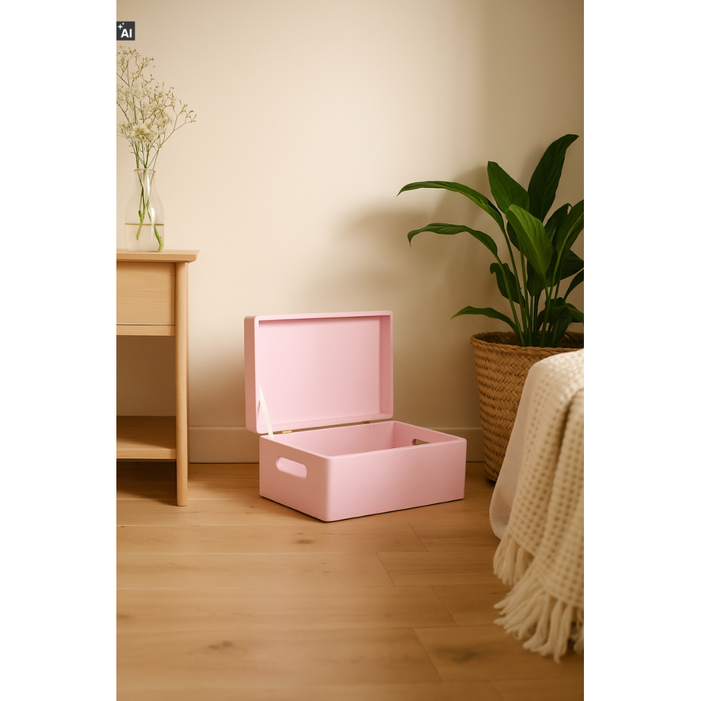 Różowa drewniana skrzynka dekoracyjna 30x20x13,5 cm z uchwytami – do przechowywania