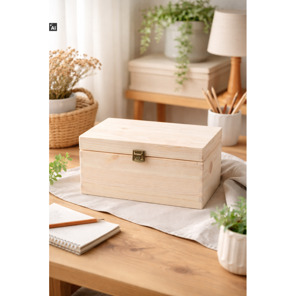 Skrzynka drewniana z deklem 30x20x13,5 cm – bez uchwytów, z zapinką