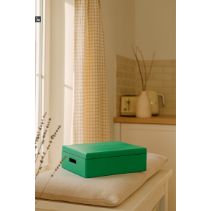 Zielona skrzynka drewniana z deklem 40x30x13,5 cm z uchwytami– pudełko do przechowywania