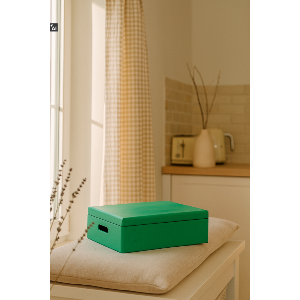 Zielona skrzynka drewniana z deklem 40x30x13,5 cm z uchwytami– pudełko do przechowywania