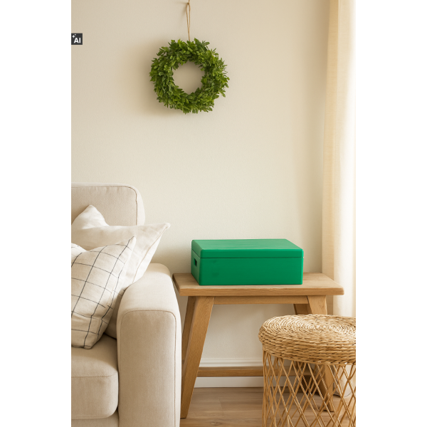 Zielona skrzynka drewniana z deklem 40x30x13,5 cm z uchwytami– pudełko do przechowywania