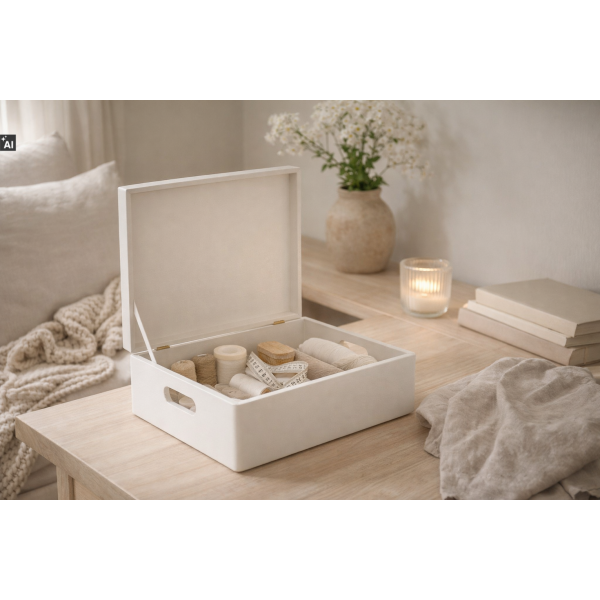 Biała drewniana skrzynka dekoracyjna  40x30x13,5 cm z uchwytami – do przechowywania