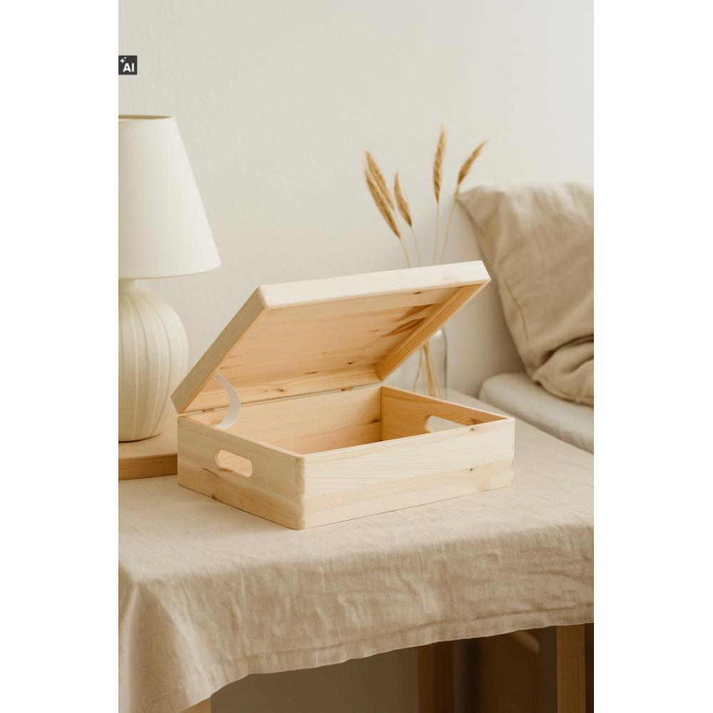 Drewniana skrzynka dekoracyjna 40x30x13,5 cm z uchwytami – do przechowywania