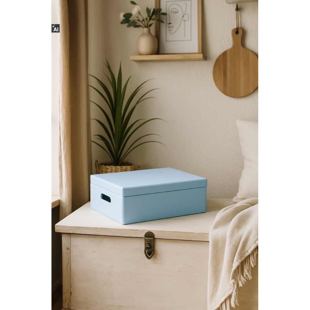 Niebieska skrzynka drewniana z deklem 40x30x13,5 cm z uchwytami– pudełko do przechowywania