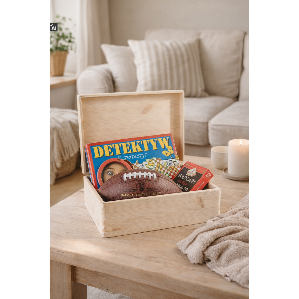 Skrzynka drewniana z deklem 40x30x13,5 cm bez uchwytów– naturalne pudełko do przechowywania