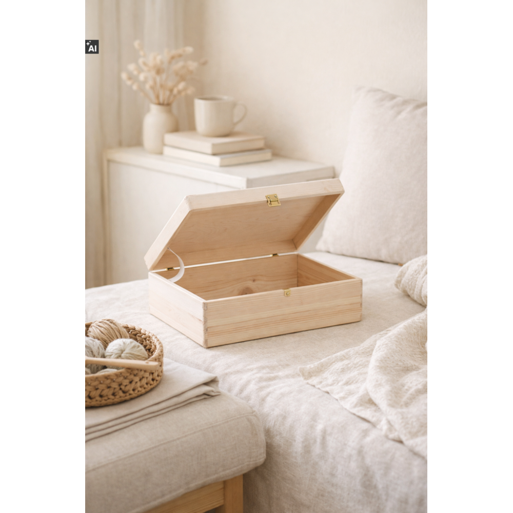 Skrzynka drewniana z deklem 40x30x13,5 cm – bez uchwytów, z zapinką