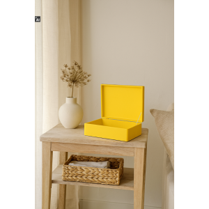 Żółta skrzynka drewniana z deklem 40x30x13,5 cm bez uchwytów– pudełko do przechowywania