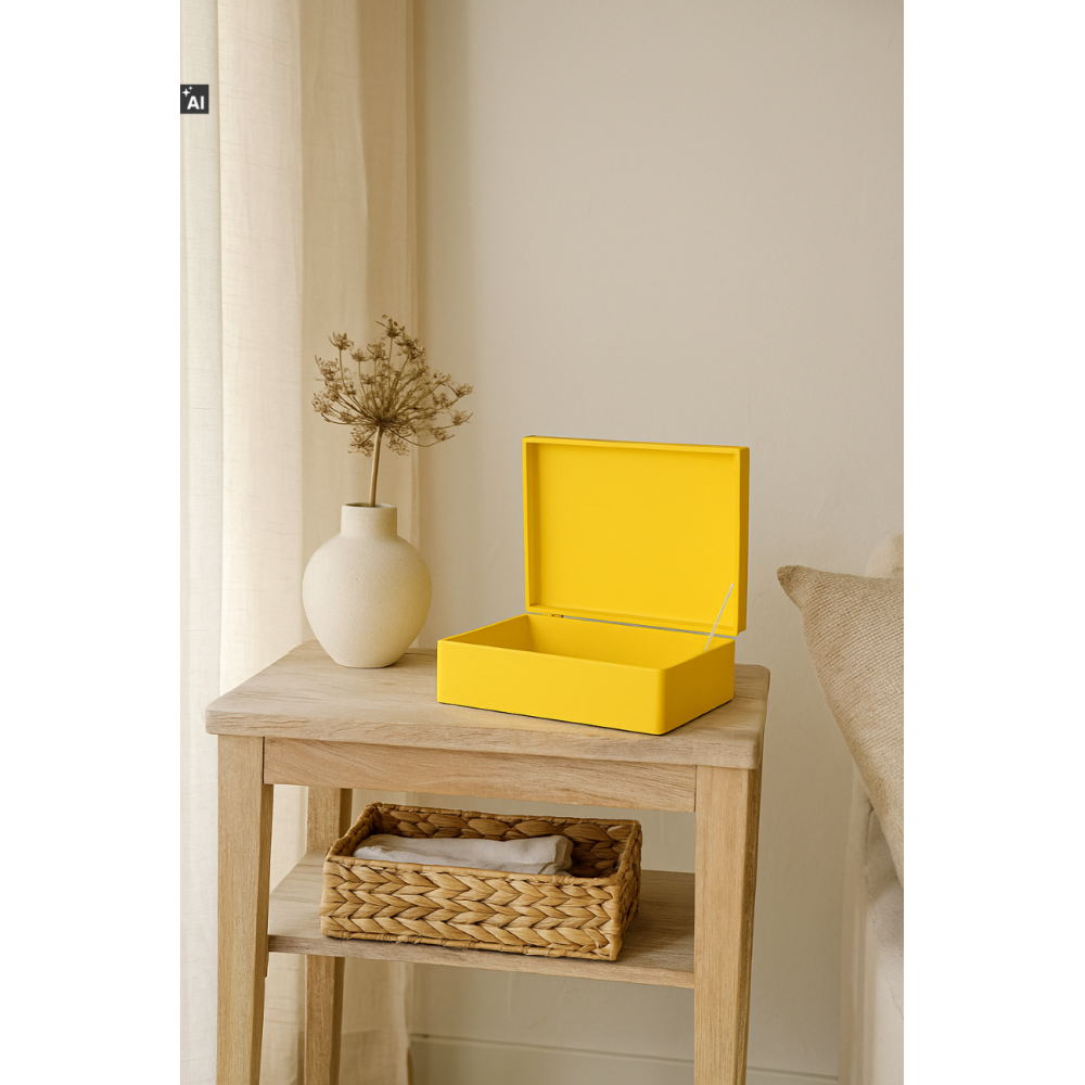 Żółta skrzynka drewniana z deklem 40x30x13,5 cm bez uchwytów– pudełko do przechowywania