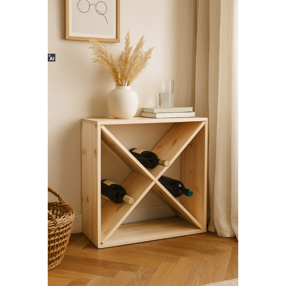 Regał drewniany na wino krzyżak 52x25x52 cm – stojak na butelki wina
