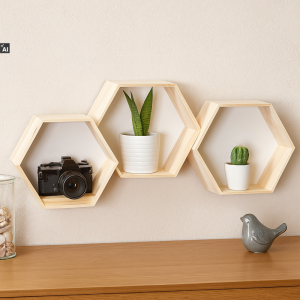 Zestaw półek ściennych drewnianych heksagon plaster miodu – naturalne drewno