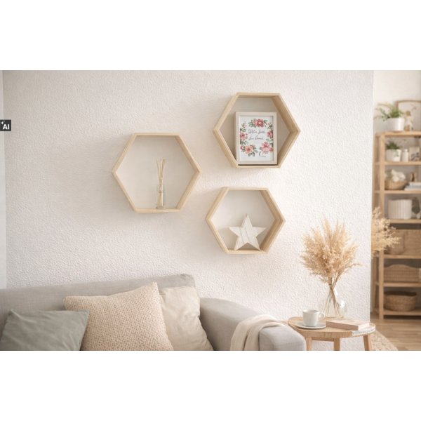 Zestaw półek ściennych drewnianych heksagon plaster miodu – naturalne drewno