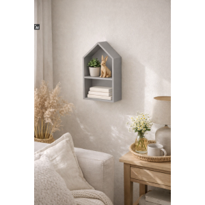 Drewniana półka w kształcie domku 22x12x41 cm szara – dekoracyjna półka ścienna
