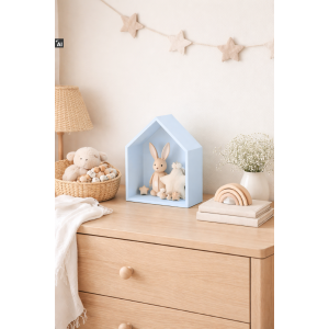 Drewniana półka w kształcie domku 27x12x33 cm niebieska – dekoracyjna półka ścienna