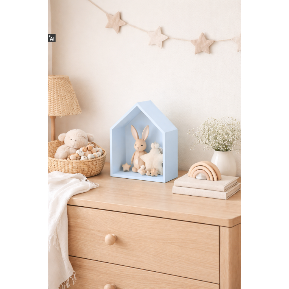 Drewniana półka w kształcie domku 27x12x33 cm niebieska – dekoracyjna półka ścienna