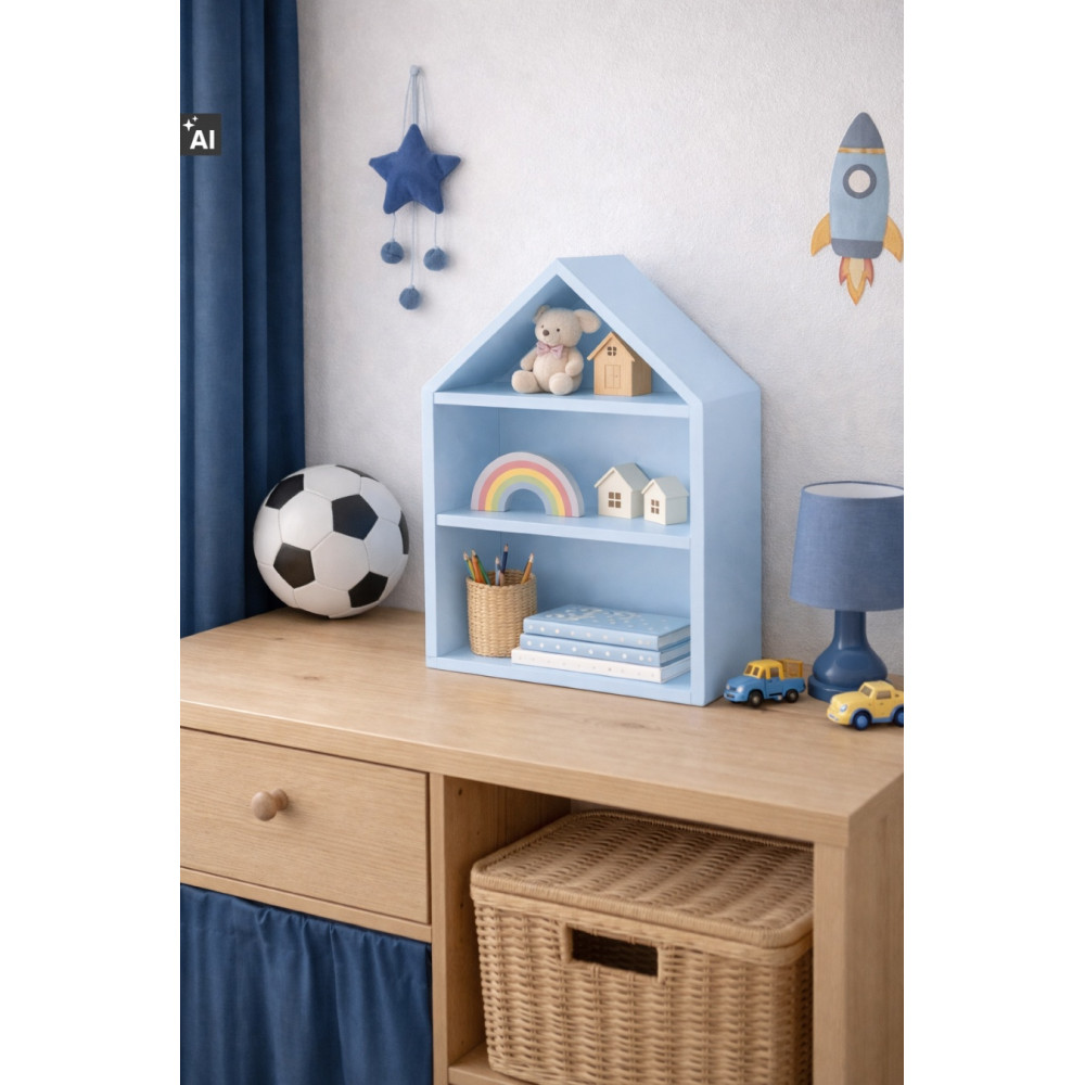 Drewniana półka w kształcie domku 32x12x44 cm niebieska – dekoracyjna półka ścienna