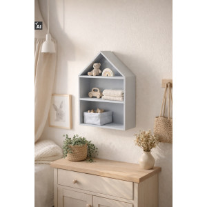 Drewniana półka w kształcie domku 32x12x44 cm szara– dekoracyjna półka ścienna