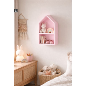 Drewniana półka w kształcie domku 22x12x41 cm różowa – dekoracyjna półka ścienna