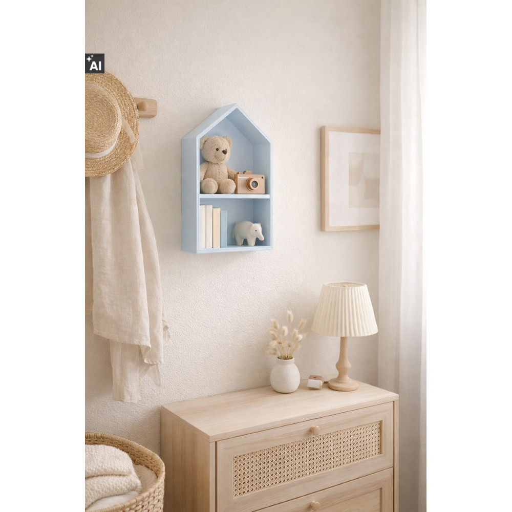 Drewniana półka w kształcie domku 22x12x41 cm niebieska – dekoracyjna półka ścienna