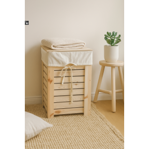 Kosz na pranie drewniany 67L z pokrywą 35x35x55 cm – pojemnik na bieliznę