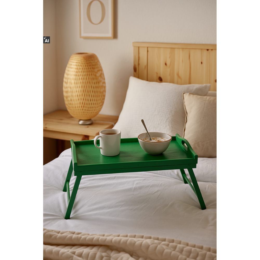Taca z nogami drewniana 51x32x24 cm zielona – stolik śniadaniowy