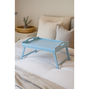 Taca z nogami drewniana 51x32x24 cm niebieska – stolik śniadaniowy