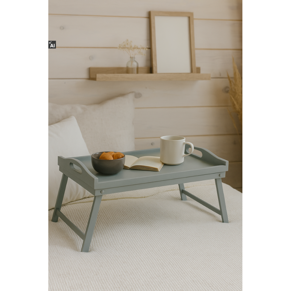 Taca z nogami drewniana 51x32x24 cm szara – stolik śniadaniowy