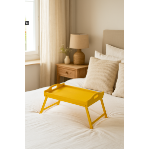 Taca z nogami drewniana 51x32x24 cm żółta – stolik śniadaniowy