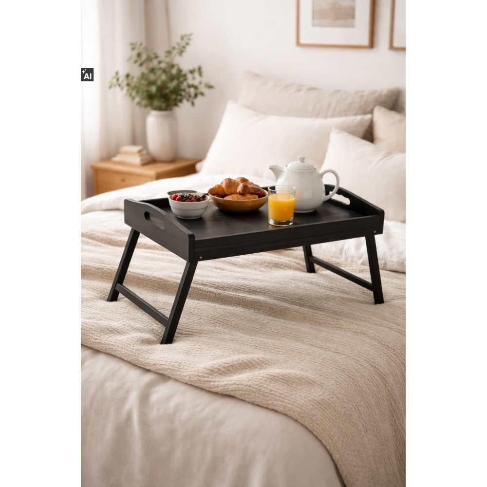 Taca z nogami drewniana 51x32x24 cm czarna – stolik śniadaniowy