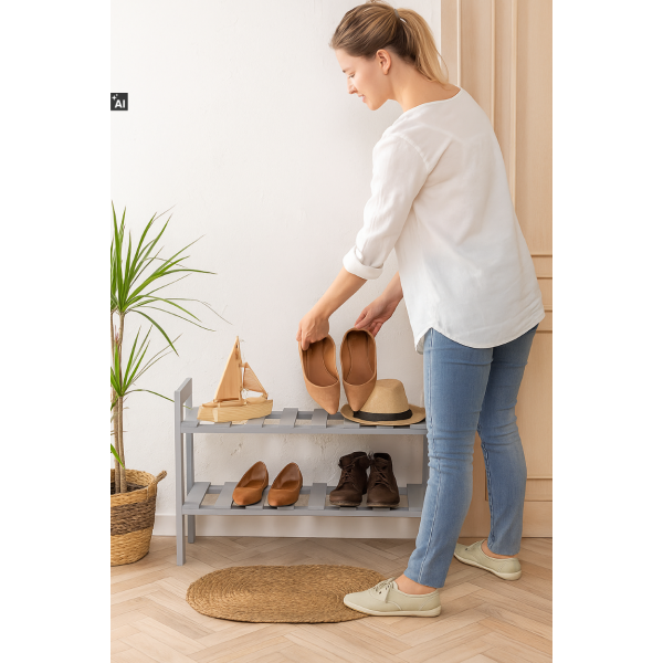 Półka na buty drewniana 70x26x40 cm szara – regał na obuwie