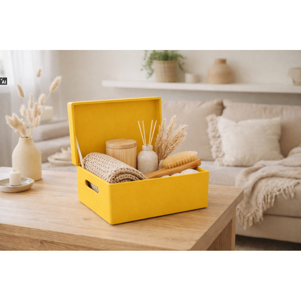 Żółta drewniana skrzynka dekoracyjna 30x20x13,5 cm z uchwytami – do przechowywania
