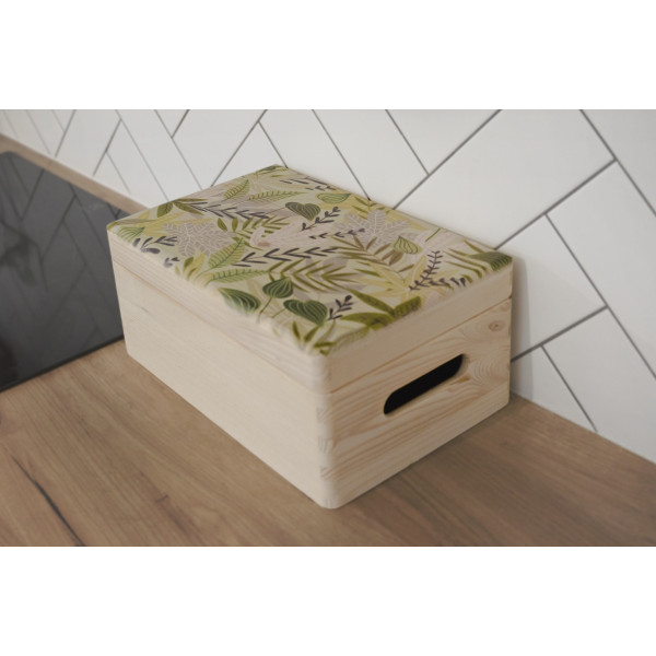 Skrzynka drewniana z deklem 30x20x13,5 /3150.UV.XVII NADRUK ZIELONE LIŚCIE