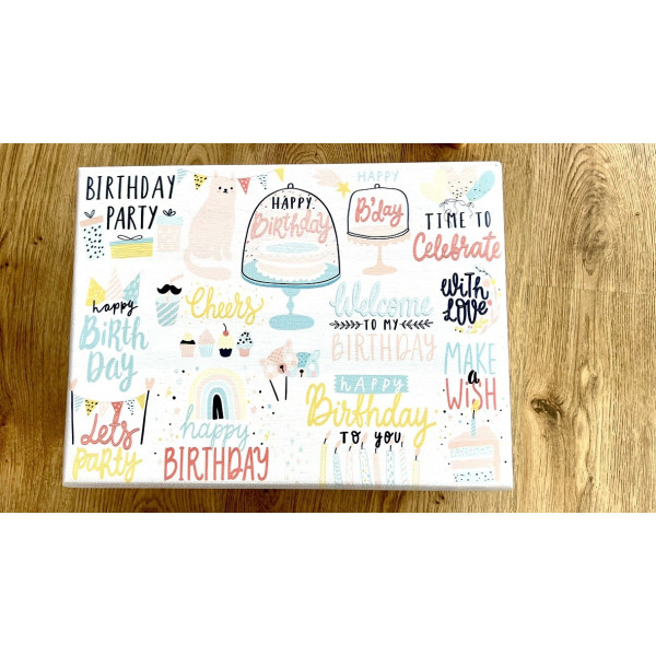 Skrzynka drewniana z deklem 40x30x23 /3152.01.UV.XXII NADRUK BIRTHDAY PARTY/SIGNAL WHITE