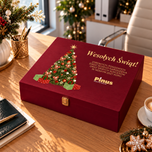 Drewniane pudełko świąteczne z nadrukiem dla firm prezent biznesowy