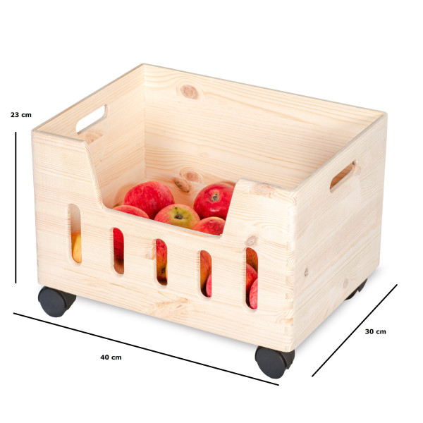 Skrzynka drewniana 40x30x23 cm z wybraniem na kółkach Skrzynka drewniana 40x30x23 cm z wybraniem na kółkach