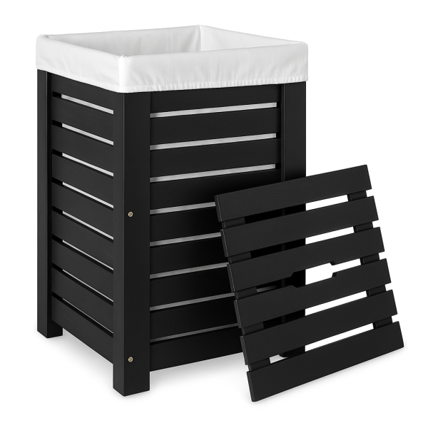 Kosz na pranie drewniany 67L z pokrywą – stylowy pojemnik na bieliznę 35x35x55 cm Czarny WOREK