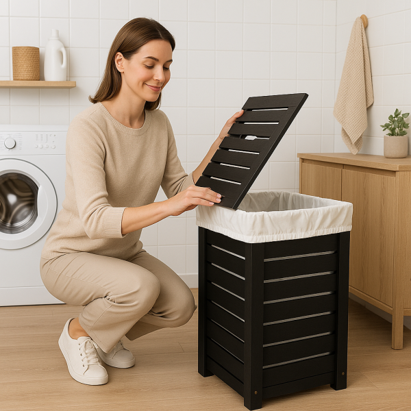 Kosz na pranie drewniany 67L z pokrywą – stylowy pojemnik na bieliznę 35x35x55 cm Czarny WOREK