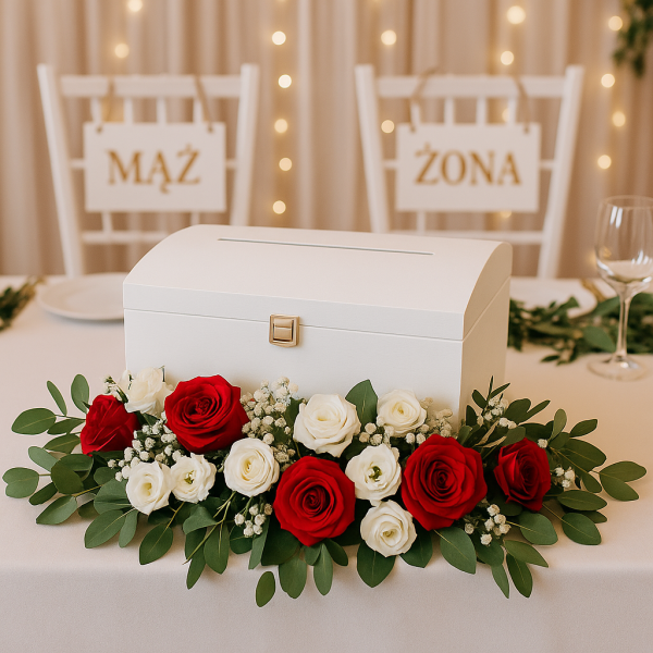 Kuferek drewniany 35x25x18,5 cm z nacięciem na koperty Biały