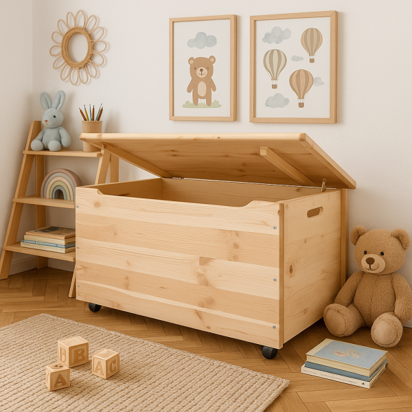 Drewniana skrzynia na zabawki / pojemnik do przechowywania z kółkami – 90x48x51 cm