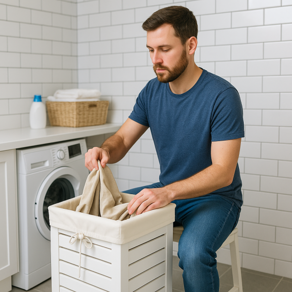 Kosz na pranie drewniany 67L z pokrywą – stylowy pojemnik na bieliznę 35x35x55 cm Biały WOREK