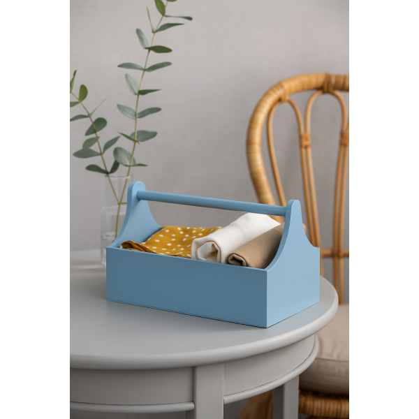 Niebieskie drewniane nosidło na zabawki 34x18x20,5 cm