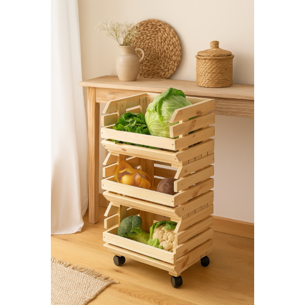 Warzywniak drewniany 39x30x75 cm na kółkach – Regał na warzywa i owoce do kuchni i spiżarni