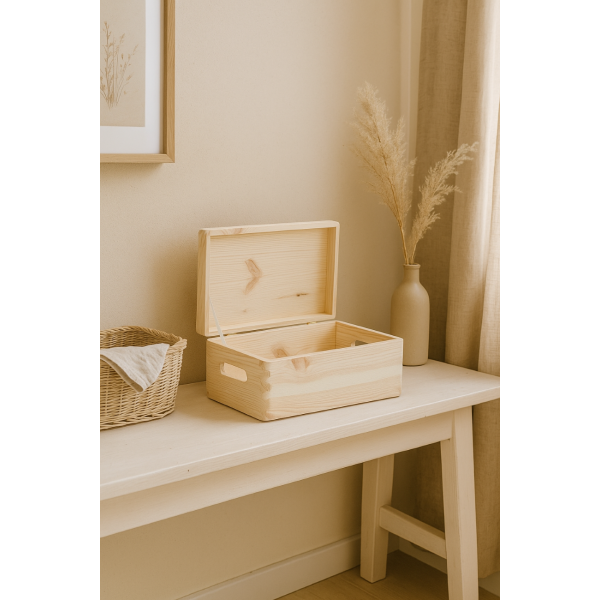 Skrzynka Drewniana z Wiekiem 30x20x13,5 cm | Naturalne Drewno Sosnowe | Pudełko z Pokrywą do Przechowywania