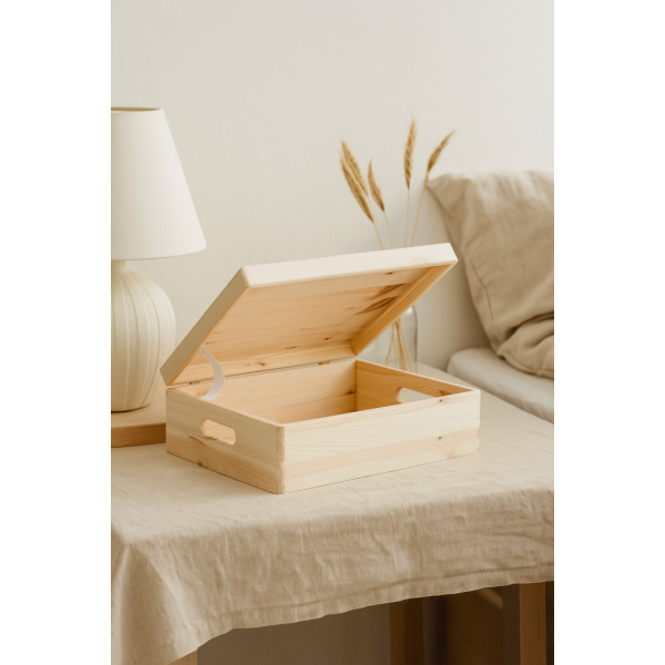 Drewniana skrzynka z wiekiem 40x30x13,5 cm | Naturalne drewno | Organizer, dekoracja, prezent Drewniana skrzynka z wiekiem 40x30x13,5 cm | Naturalne drewno | Organizer, dekoracja, prezent