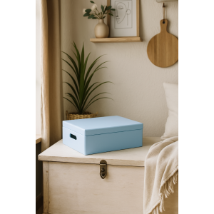 Niebieska skrzynka drewniana z deklem 40x30x13,5 cm z uchwytami– pudełko do przechowywania