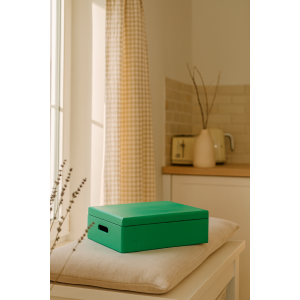 Zielona skrzynka drewniana z deklem 40x30x13,5 cm z uchwytami– pudełko do przechowywania