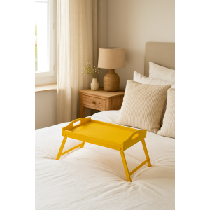 Taca z nogami drewniana 51x32x24 cm żółta – stolik śniadaniowy